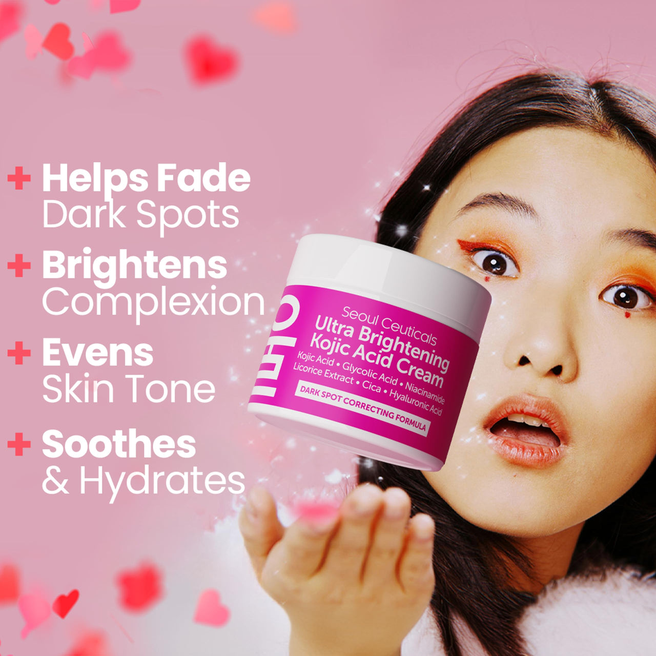 SeoulCeuticals Korean Kojic Acid Cream Dark Spot Remover + Glycolic Acid + Niacinamide + Cica + HA Moisturizer - Cruelty Free K Beauty Skincare 2oz