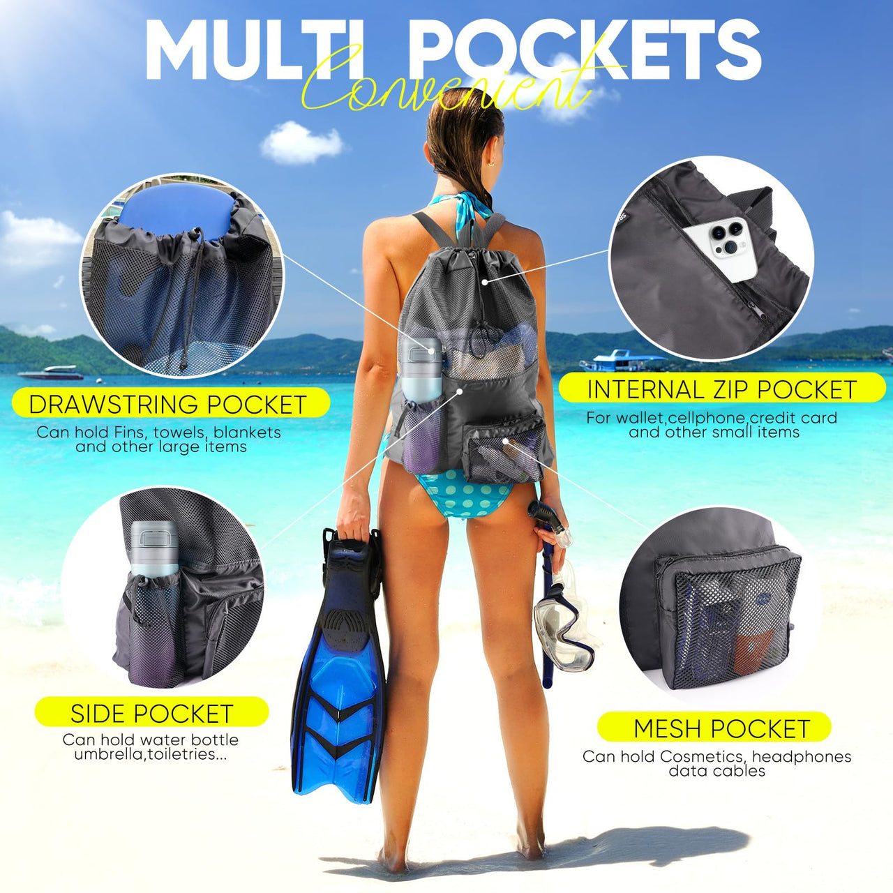 HOHOM Mesh Swim Bag Beach Drawstring Backpack, Waterproof Gym Bags for Women and Men, Large Pool Bag Swimming Gear for Swimmers