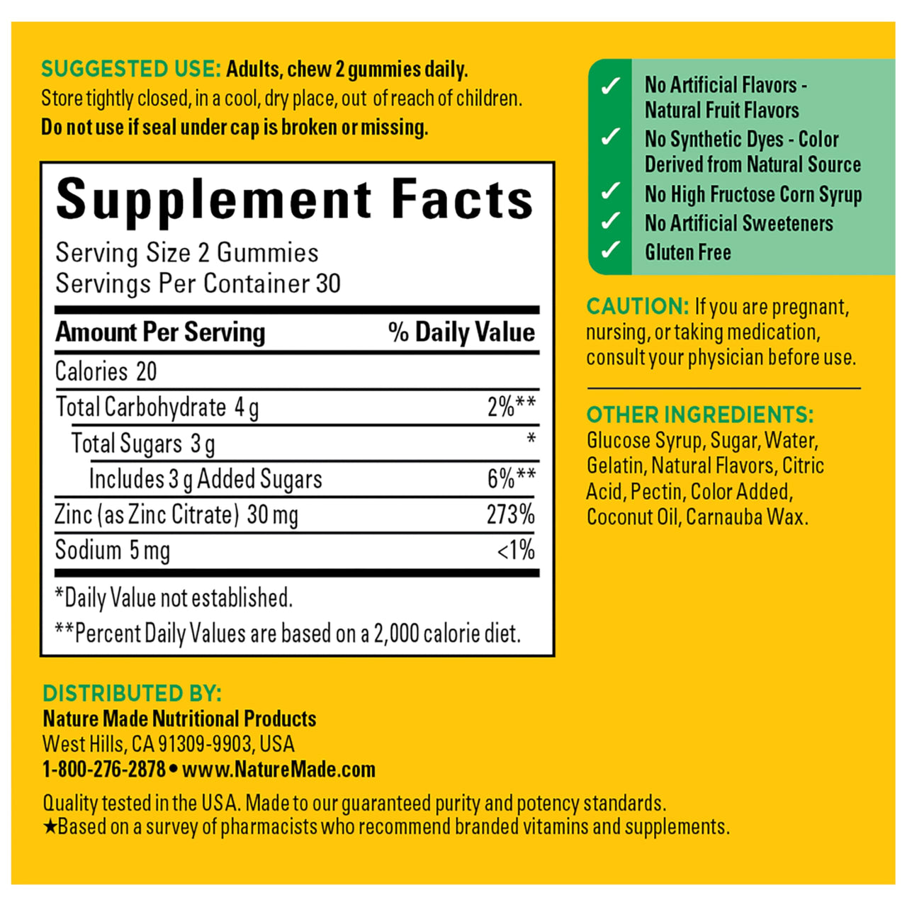Nature Made Zinc Supplements 30 mg Per Serving, Dietary Supplement for Immune Health and Antioxidant Support, 60 Zinc Gummies, 30 Day Supply