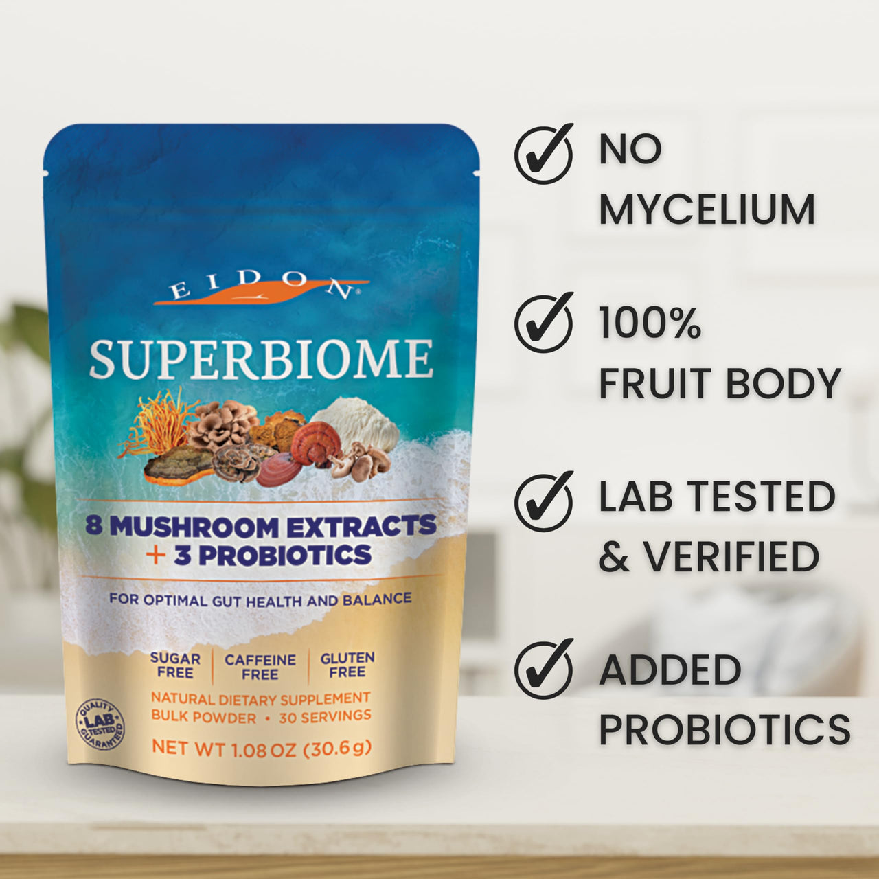 Eidon SuperBiome, Mushroom Probiotics Powder Blend, Gut Balance, Microbiome Health Supplement with Organic Reishi, Chaga, Lion's Mane, Cordyceps, Turkey Tail, Shitake, Maitake, Phelinus, 30 Servings