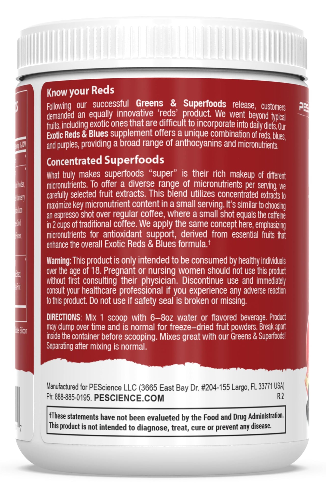 PEScience Exotic Reds & Blues, Red Superfoods Powder with Myo-Inositol, Beet Root Powder, Pomegranate and Acai Extract, Freeze-Dried Antioxidant Fruit Blend, 30 Servings