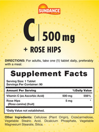 Thumbnail for Sundance Vitamin C with Rose Hips | 500mg | 90 Vegetarian Tablets | Essential Vitamin | Vegetarian, Non-GMO, and Gluten Free Supplement