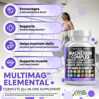 Thumbnail for Clean Nutraceuticals Magnesium Complex with Magnesium Glycinate Citrate Malate Oxide Taurate Aspartate Orotate & Mag Chloride, Zinc Copper Manganese & Vitamin C B1 B2 B6 B12 Complex - 1Pack