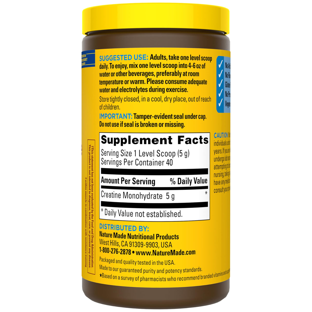 Nature Made Micronized Creatine Monohydrate Powder 5 g per Serving, Unflavored Drink Mix Powder, Muscle Support, 200 g, 40 Day Supply