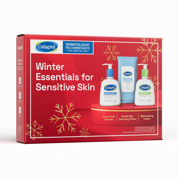 Image 1 of Cetaphil Winter Essentials Skin Care Set, Gentle Skin Cleansing Cloth Face Wipes 25 Count, Daily Facial Cleanser 8oz, Moisturizing Face & Body Lotion 8oz, Suitable for Sensitive Skin