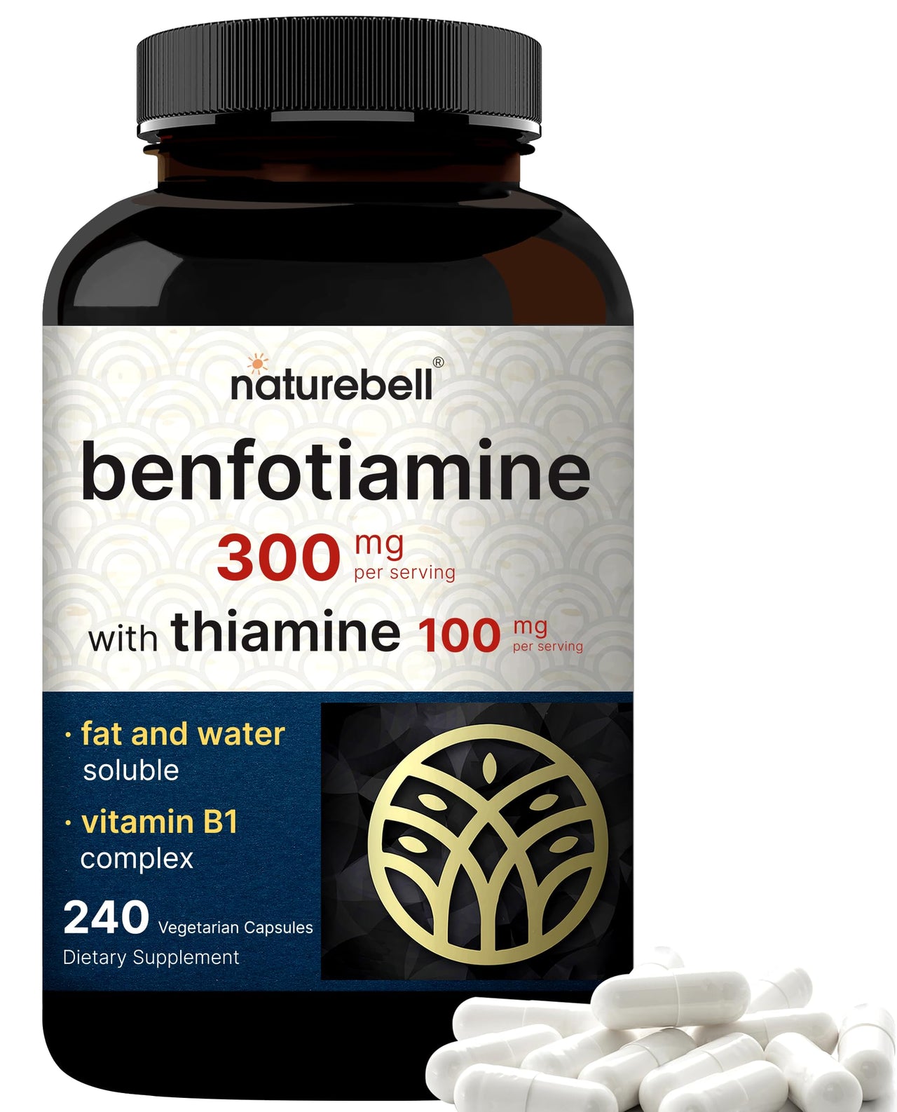 NatureBell Benfotiamine with Thiamine - 240 Vegetarian Capsules - 300mg Benfotiamine & 100mg Thiamine - for Heart Health, Energy Production & Nervous System Support* - Vitamin B1 Complex
