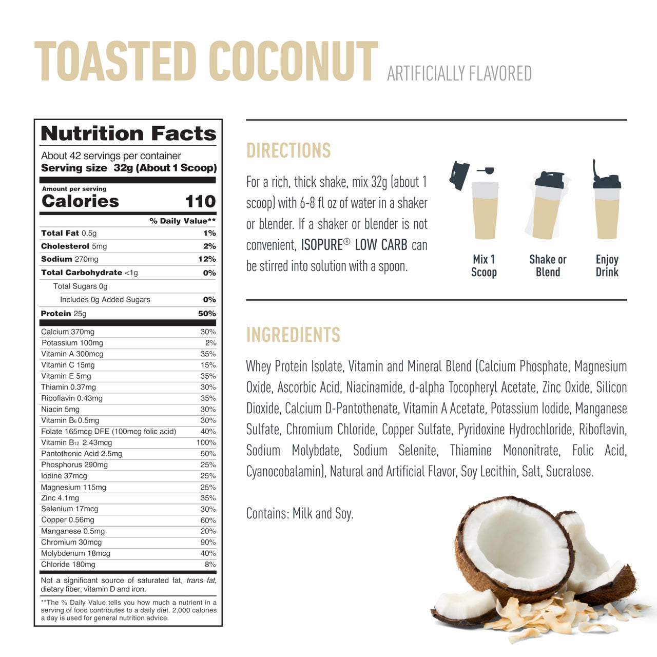 Isopure Low Carb 100% Pure Whey Isolate Protein Powder, Gluten Free, With Vitamins, Toasted Coconut, 25g Protein Per Serving, 3 Lbs, 42 Servings (Packaging May Vary)