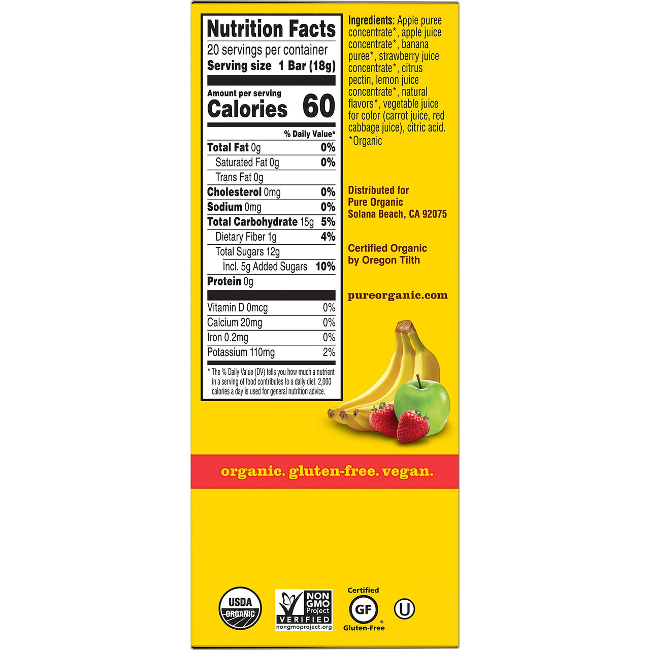 Pure Organic, Layered Fruit Bars, Strawberry Banana, Gluten Free and Vegan Fruit Snacks, 12.6oz Box (20 Count)