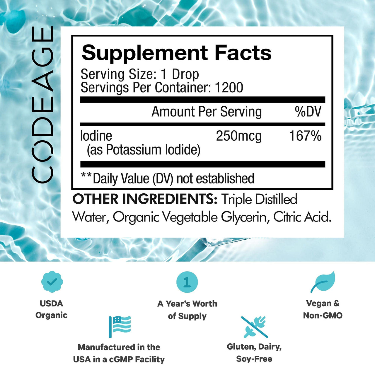 Codeage USDA Organic Iodine Drops – 250 Mcg - 1+ Year Supply - Liquid Iodine Supplement – Iodine Drops Solution - Pure, Clear Iodine - Vegan Iodine Liquid Drop - 2 fl oz - (2 Pack)