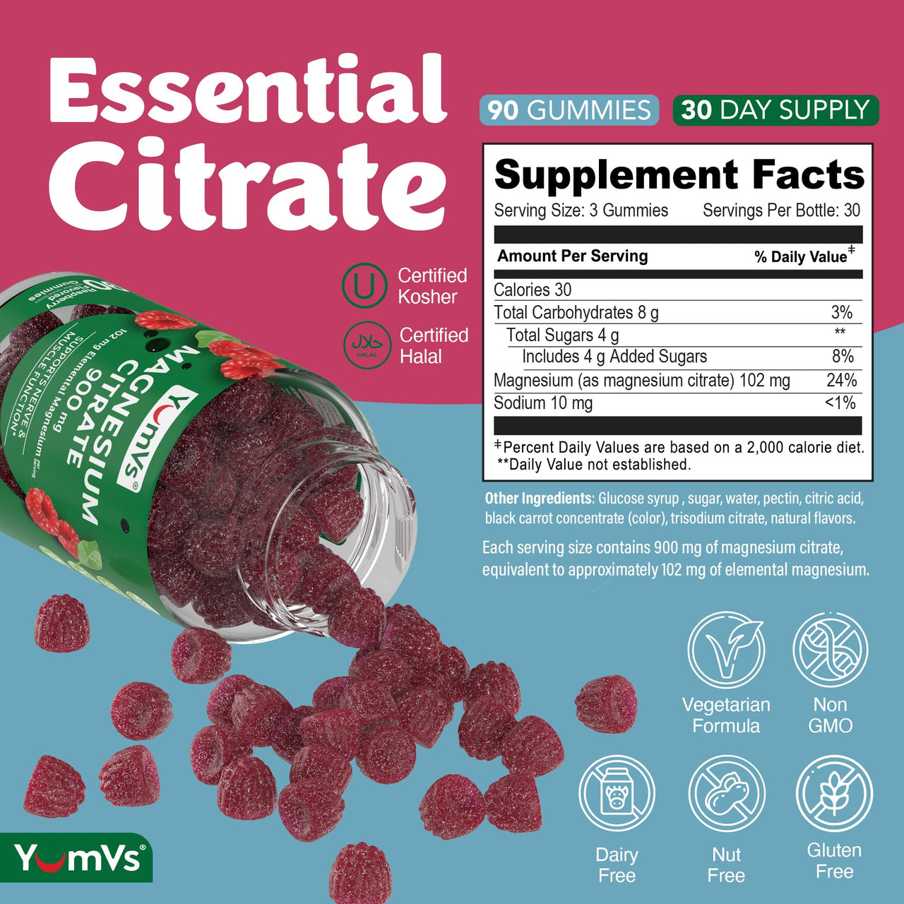 YUM-V'S Magnesium Citrate Gummies â€“ 900mg Highly Absorbable Magnesium Gummies for Women & Men to Support Nerve, Muscle & Enzyme Function â€“ Gluten-Free, Kosher & Raspberry Flavor (90 Count)