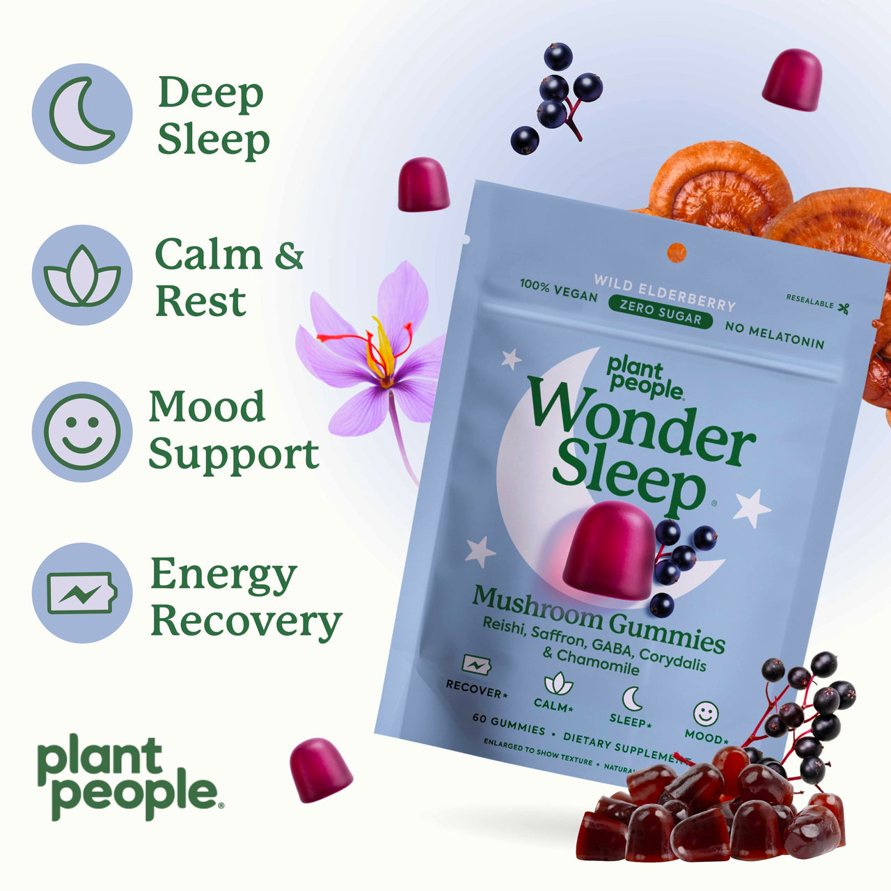 Plant People WonderSleep Mushroom Gummies Supplement for Sleep and Relaxation with Reishi Super Mushrooms, Wild Elderberry Flavor, No Sugar (60 Count)