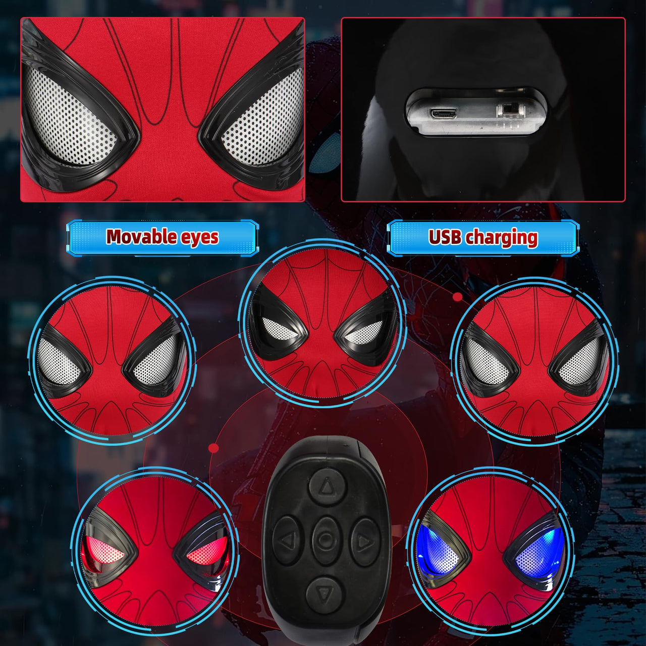 Shampoer Spider Superhero Dynamic Mask - Remote LED Light & Moving Mech Eyes for Immersive Hero Experience, Nice Choice for Superhero Fans