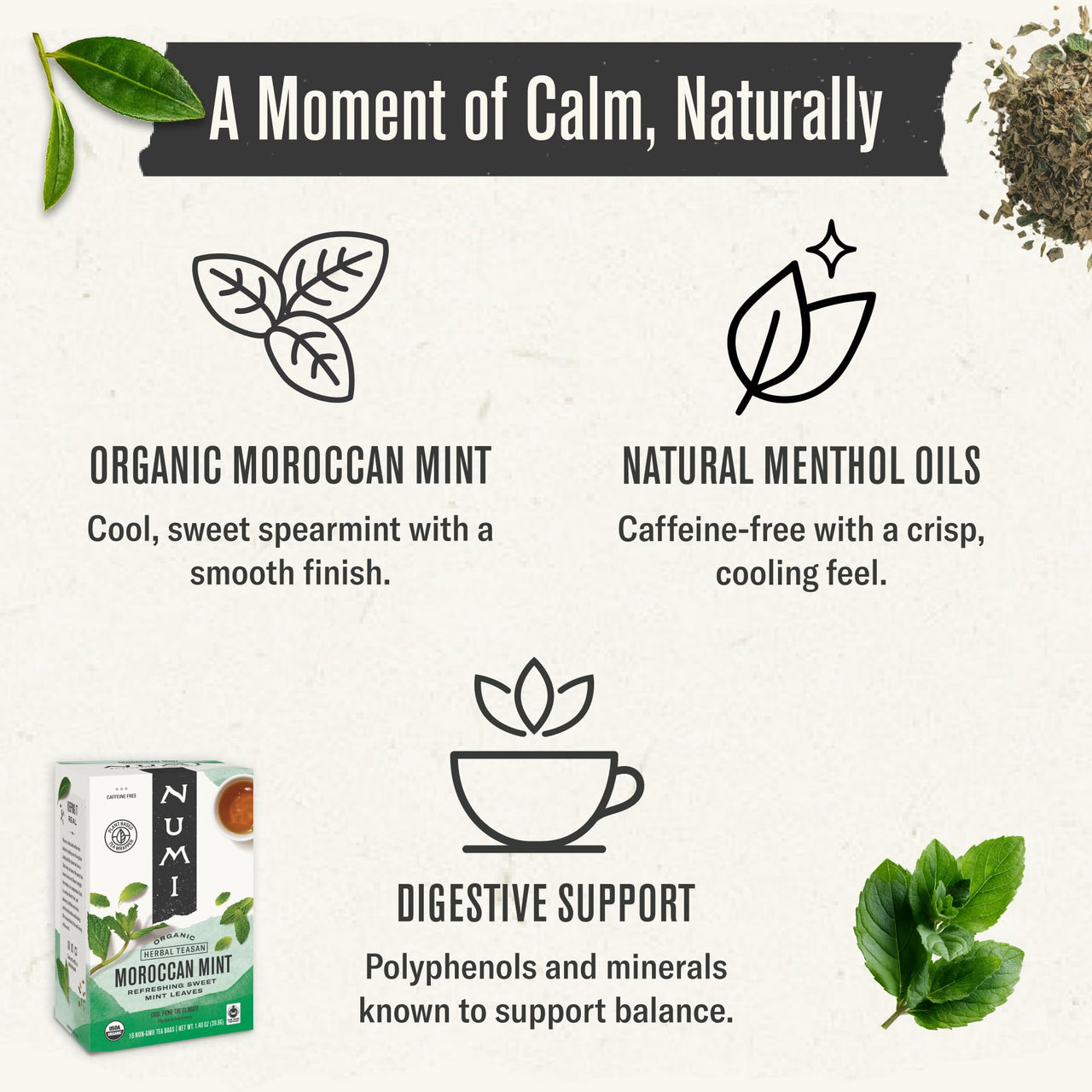 Numi Tea Organic Moroccan Mint Tea, 18 Herbal Tea Bags, Caffeine Free