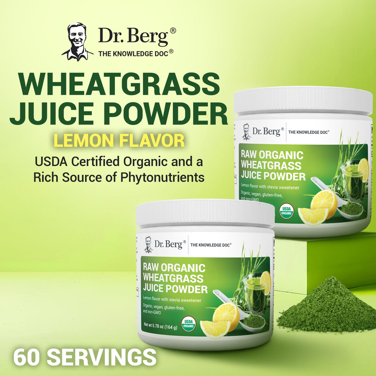 Dr. Berg USDA Certified Organic Green Powder Superfood (60 Servings) - Made with Raw Wheatgrass, Chlorophyll, Trace Minerals & Natural Enzymes - Non-GMO Green Superfood Powder - Lemon Flavor