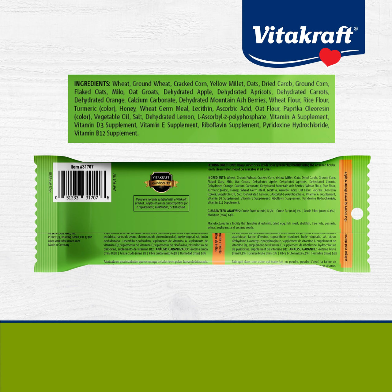 Vitakraft Crunch Sticks Guinea Pig Treat - Apple and Orange Flavor – Triple Baked for Extra Crunch – Natural Wood Chew Center with Cage Clip Holder – Added Vitamins and Minerals – 2 Sticks - 3.5 Oz