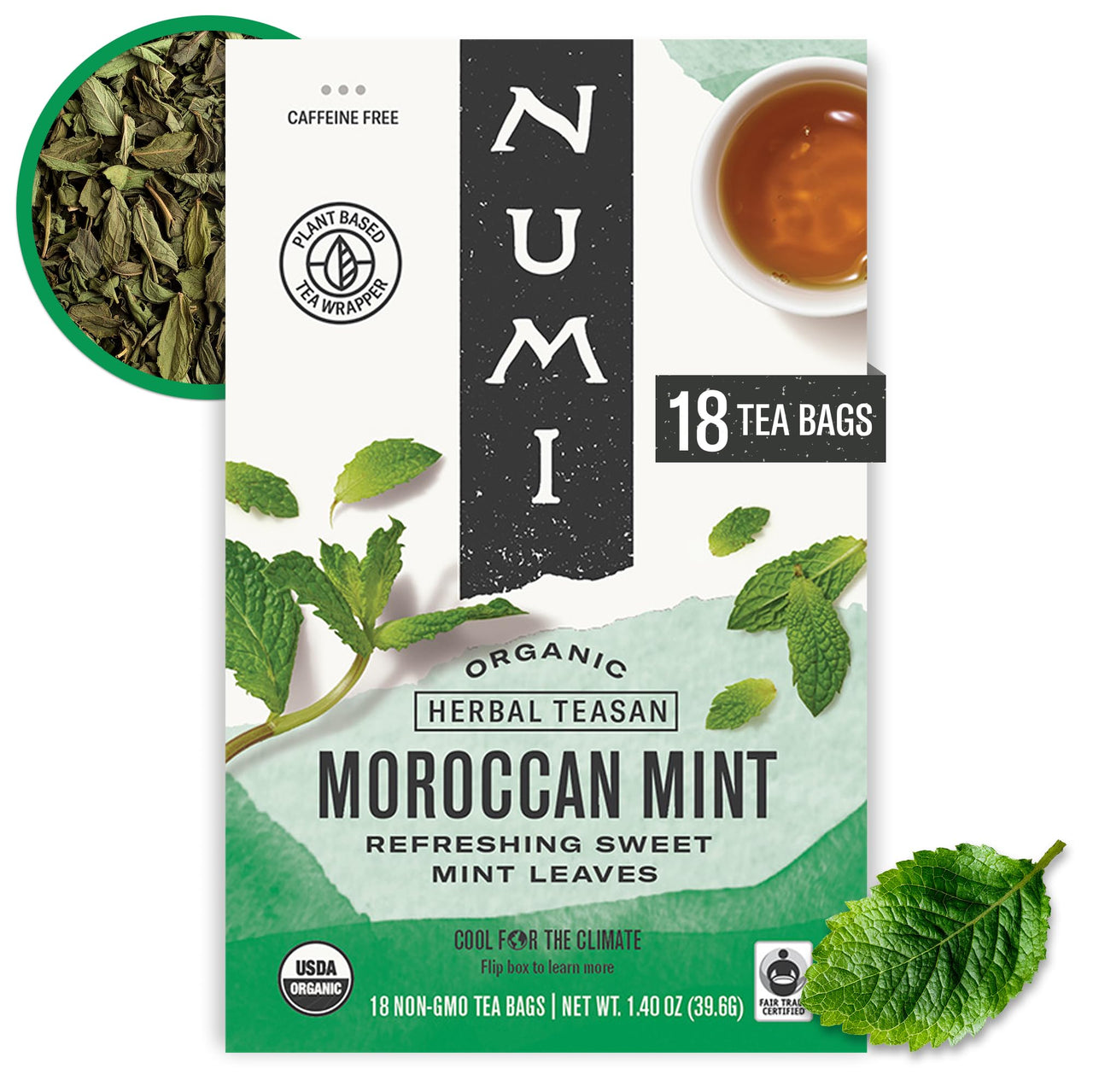 Numi Tea Organic Moroccan Mint Tea, 18 Herbal Tea Bags, Caffeine Free