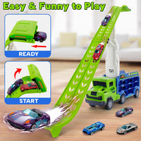 Thumbnail for BainGesk Truck Toys Car for 3, 4, 5, 6 Years Old Boys, Carrier Race Truck Toys, Foldable 2 Layer Transport Car Toys with 27 in Race Track and 6 Metal Cars, Birthday Gifts for Toddler Boys Girls