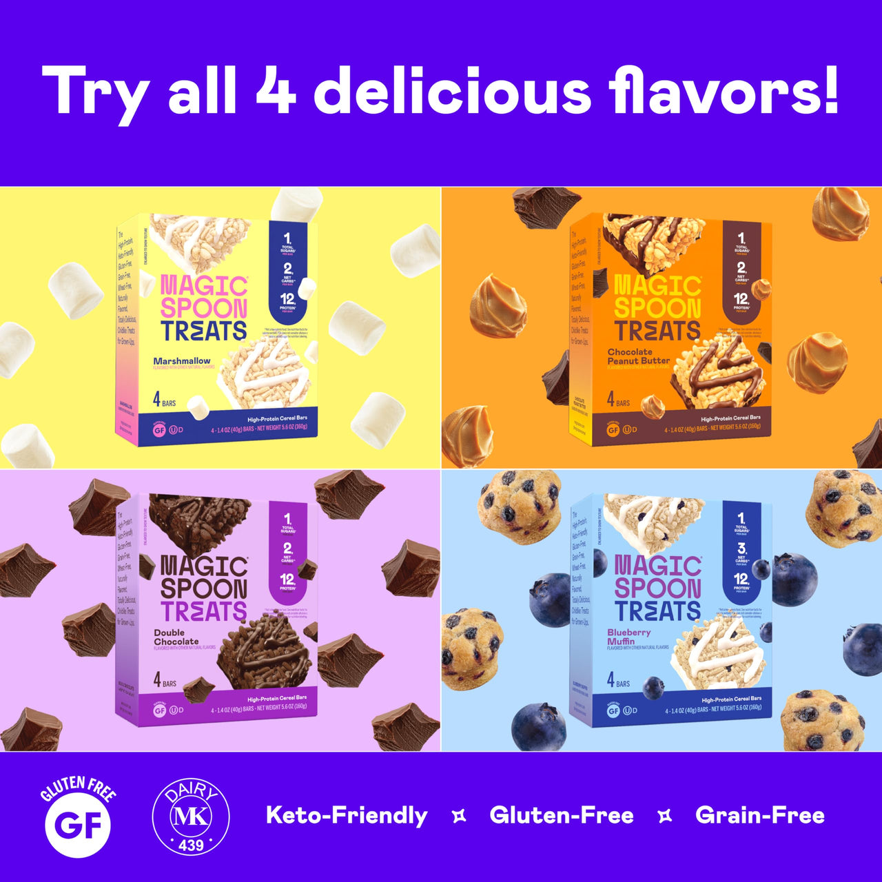 Magic Spoon Treats - 8 High Protein Bars, Double Chocolate - High Protein Gluten Free Snack - Sugar Free & Gluten Free Protein Cereal Bar - Low Carb & Keto Friendly - Healthy Snacks for Adults