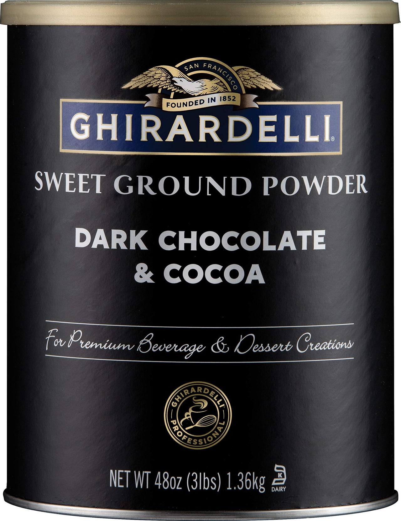 Ghirardelli Sweet Ground Dark Chocolate & Cocoa Powder, 3 Pound Can (Pack of 1) with Ghirardelli Stamped Barista Spoon