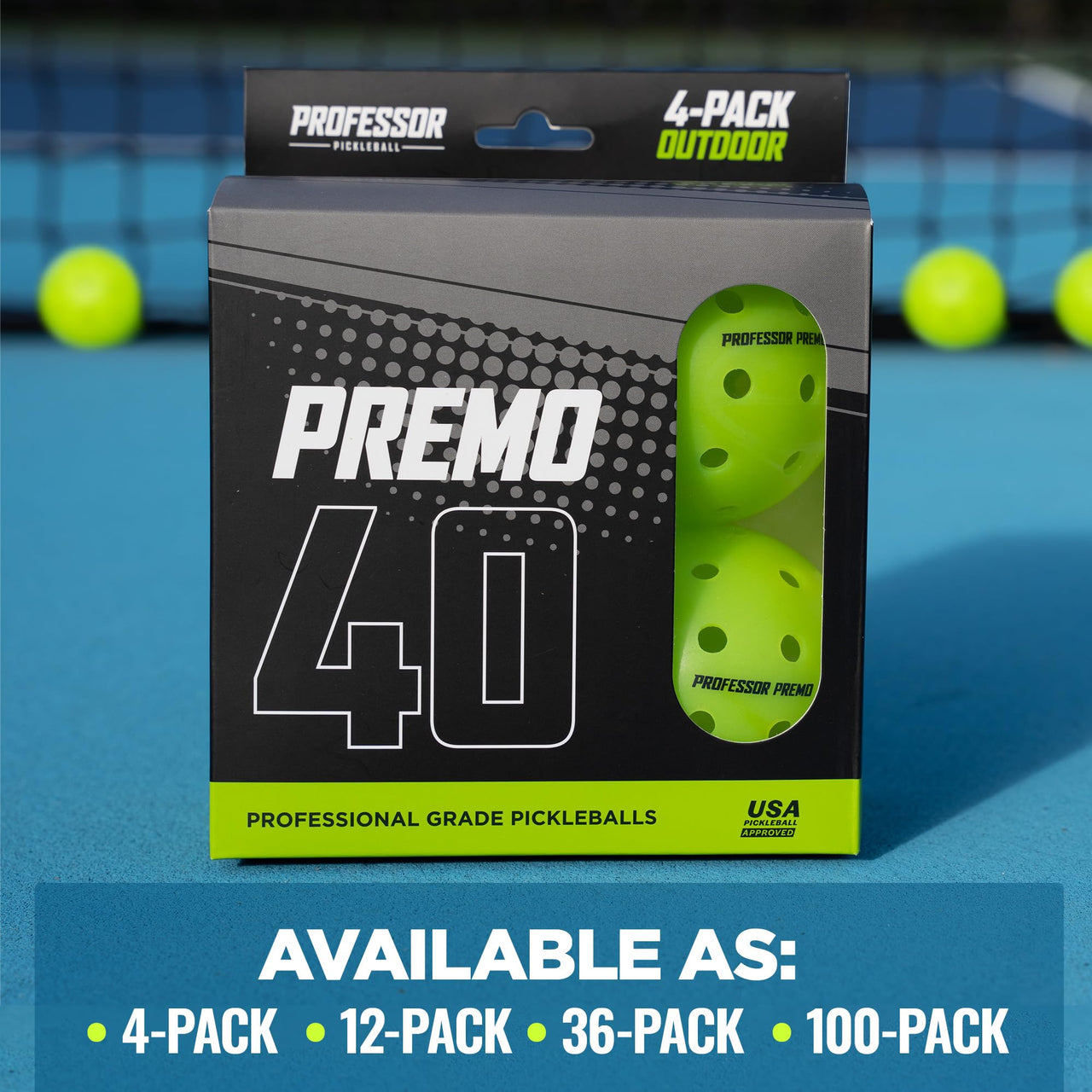 Professor Pickleball PREMO40 Outdoor Pickleball Balls - Tournament Grade USAPA Approved Pickleball Balls - 4 Pack of pickleballs, 12 Pack, 36 Pack, 100 Pack