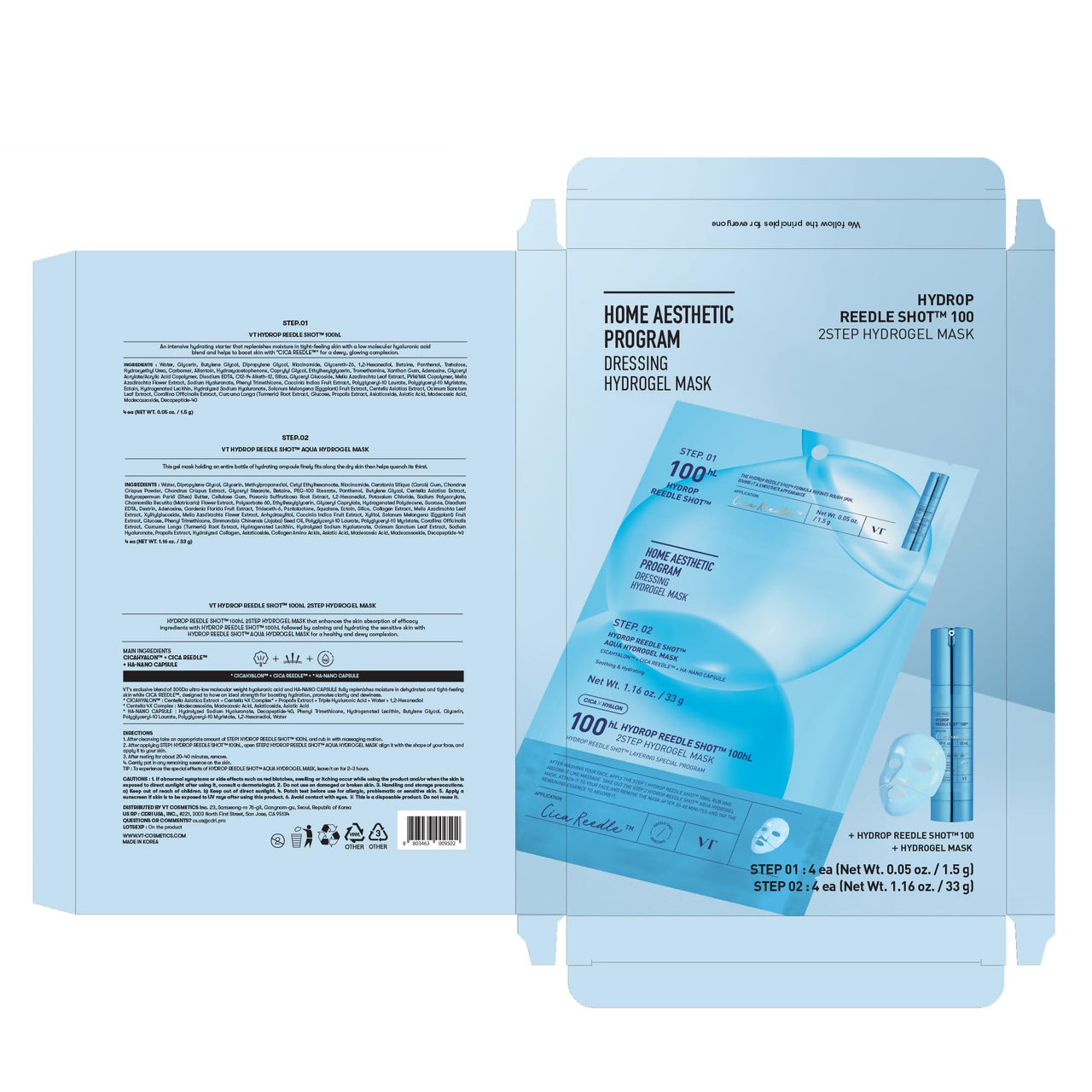 VT COSMETICS Hydrop Reedle Shot 100hl 2-Step Hydrogel Mask(34.5gx4ea), Intensive Hydrating, Exosome Hyaluronic Acid, Dewy & Glass Skin, Overnight Melting Mask, Korean Facial Mask