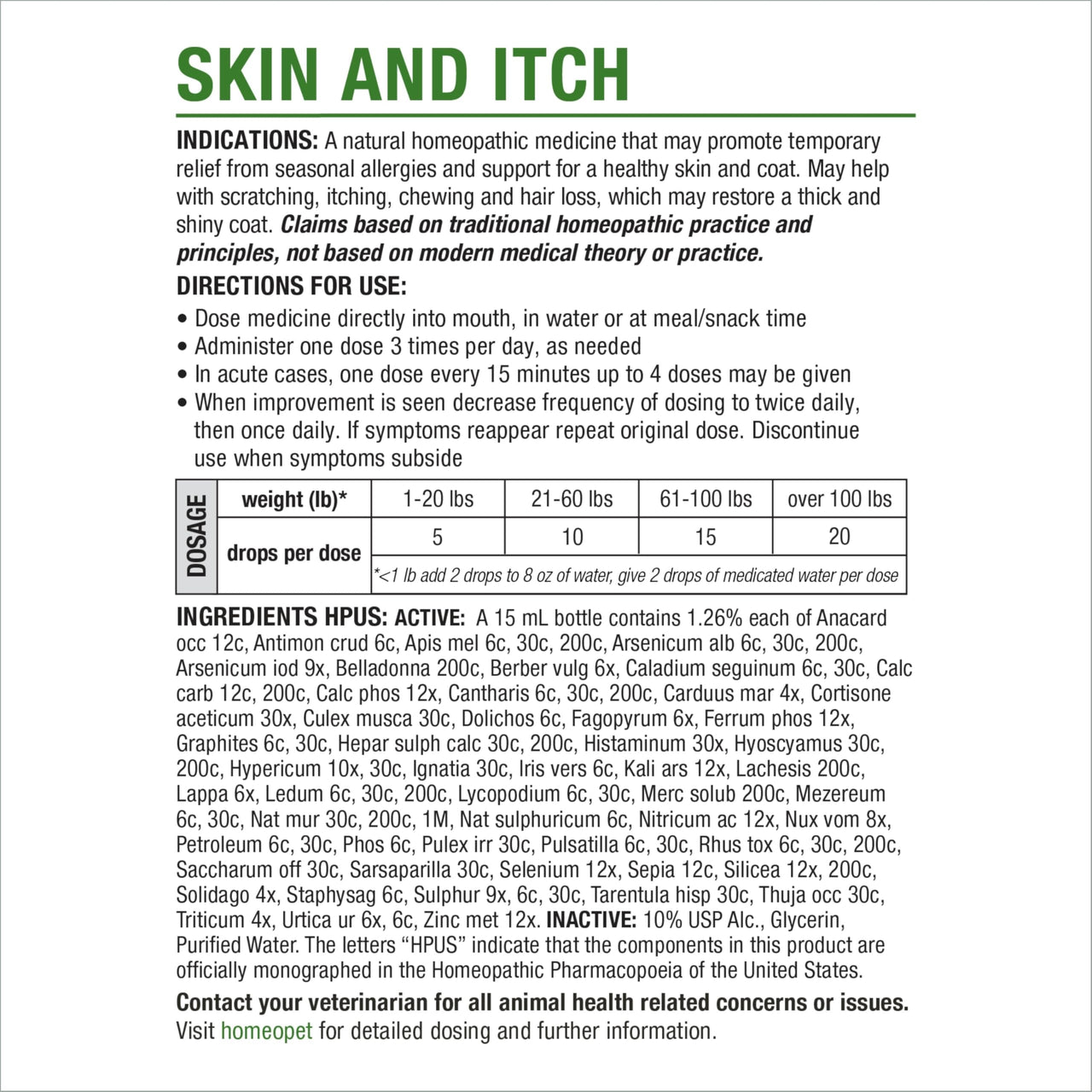 HomeoPet Skin and Itch, Safe and Natural Itch Relief for Dogs and Cats, Coat and Skin Soother for Pets, 15 Milliliters