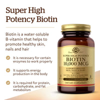 Thumbnail for Solgar Biotin 10000 mcg Vegetable Capsules Energy Metabolism Promotes Healthy Skin Nails Hair Super High Potency NonGMO Vegan Gluten Free Dairy Free Kosher Servings, Standard Packaging, Unflavored, 120 Count
