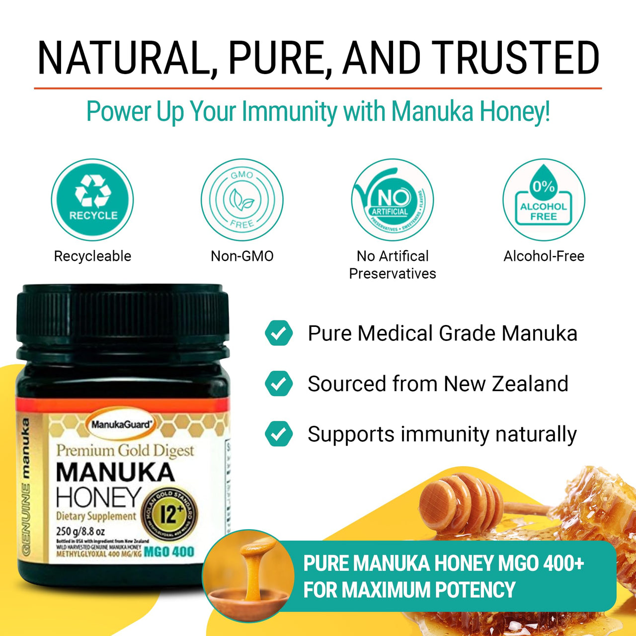 ManukaGuard Premium Gold Manuka Honey MGO 400+ | Raw Medical-Grade New Zealand Honey for Digestive Support, Unpasteurized, Pure | 8.8 oz