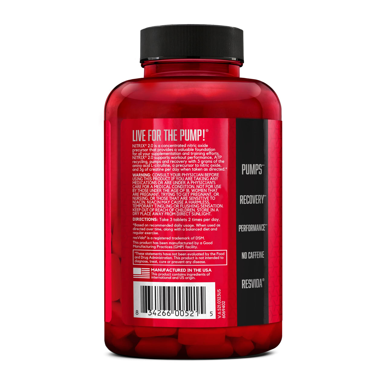 BSN NITRIX 2.0, Workout Supplement, Nitric Oxide Precursors, 3g Creatine, 3g L Citrulline, L-Citrulline, Supports Workout Performance, Pumps, Muscle Recovery and Endurance, 180 Tablets, 60 Servings