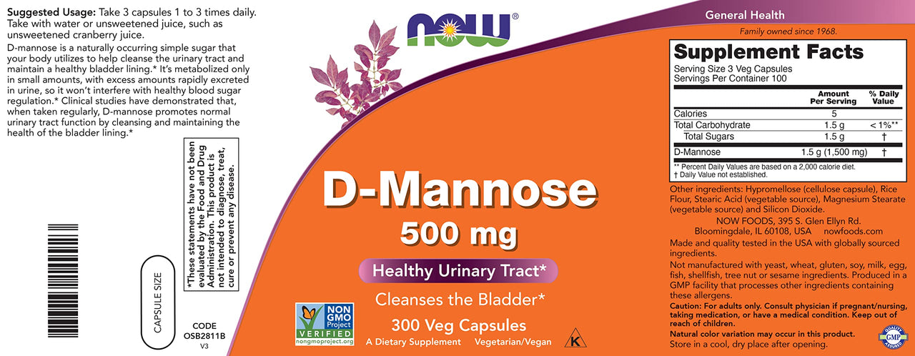 Now D-Mannose 500 mg, 300 Capsules - Vegan, Non GMO Supplement for Women and Men - Supports Healthy Urinary Tract, Cleanses The Bladder