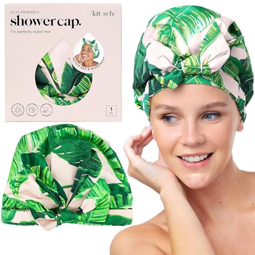 Image 4 of Palm Leaves / Regular for the product Kitsch Luxury Satin-Lined Flexi Shower Cap for Women