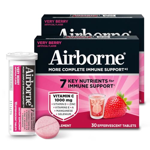 Image 1 of Default Title for the product Airborne 1000mg Vitamin C with Vitamin D & Zinc, Sugar Free Multivitamin Immune Support Supplement, Very Berry Flavor, 30 Tablets (Pack of 2)