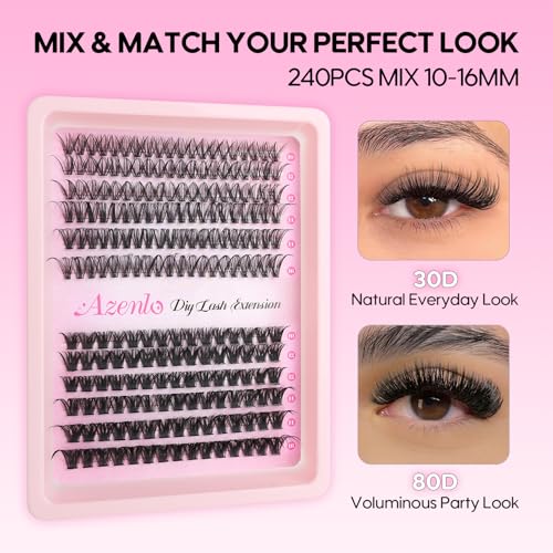 Image 2 of Azenlo Lash Extensions Cluster DIY Lashes 240pcs 30D 80D 10-16mm Eyelash Clusters Individual Lashes Cluster Lash Kit Thin Band Lash Kit(30D+80D KIT)