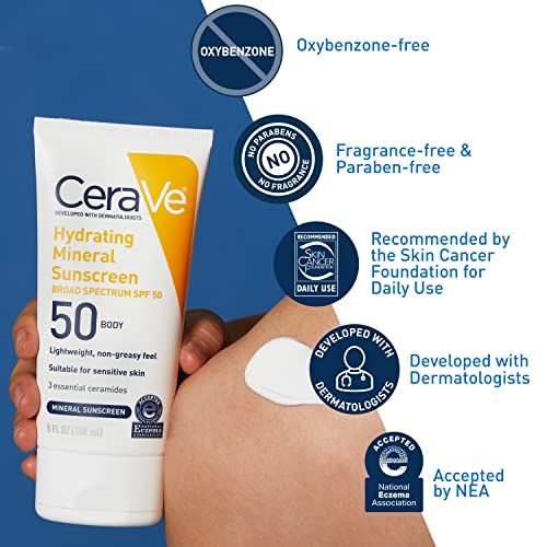 Image 3 of CeraVe Hydrating Mineral Sunscreen SPF 50 Body Sunscreen, Travel Size 5oz