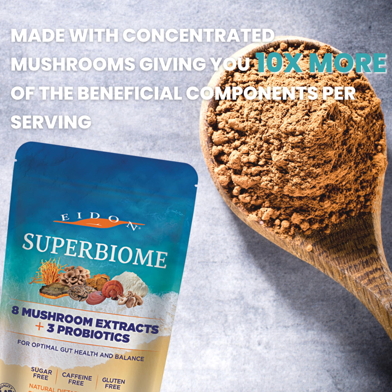 Eidon SuperBiome, Mushroom Probiotics Powder Blend, Gut Balance, Microbiome Health Supplement with Organic Reishi, Chaga, Lion's Mane, Cordyceps, Turkey Tail, Shitake, Maitake, Phelinus, 30 Servings
