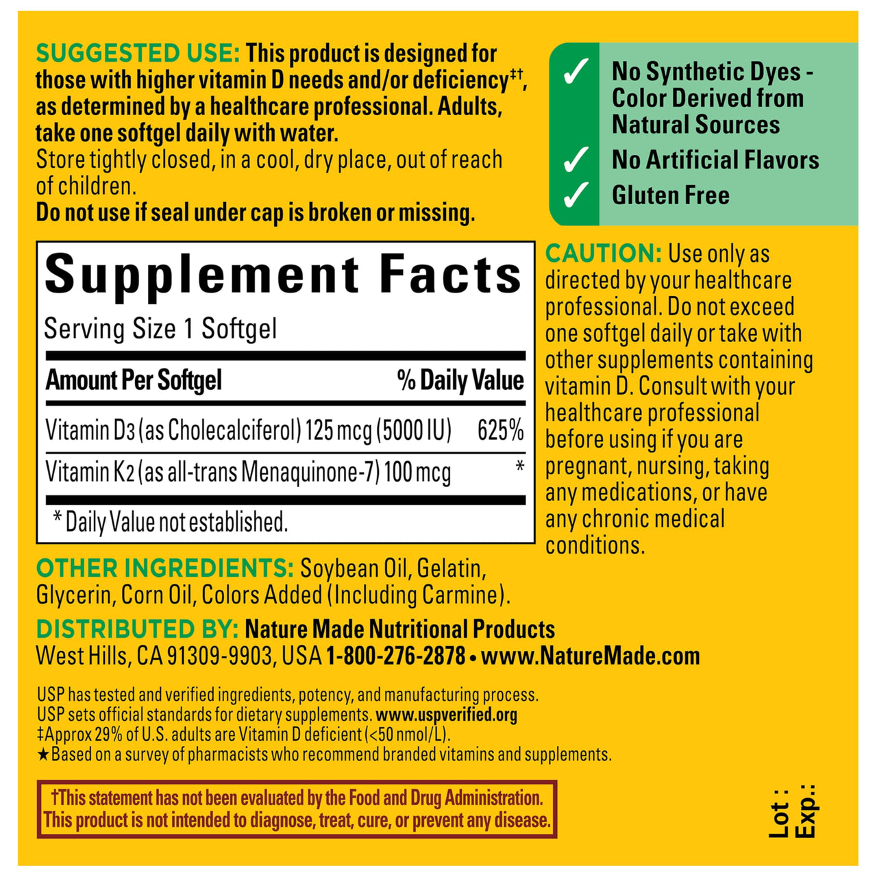 Nature Made Vitamin D3 K2 Supplement, 5000 IU (125 mcg) Vitamin D for Bone, Teeth, Muscle and Immune Support, 30 D3 and K2 Softgels, 30 Day Supply