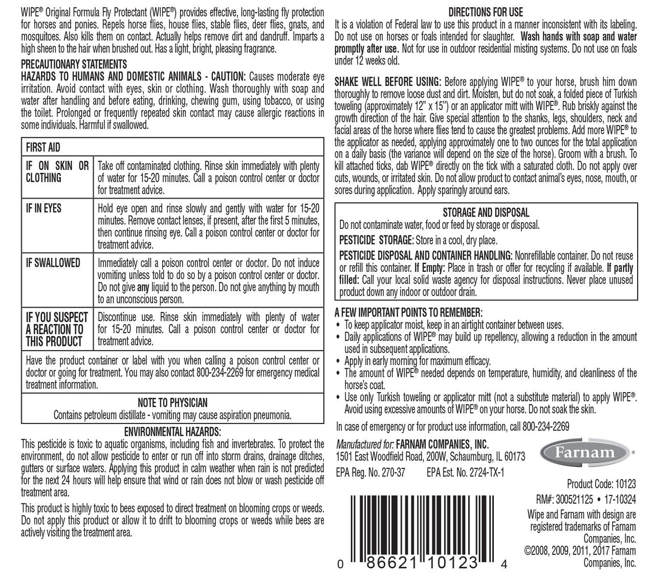 Farnam Wipe Original Formula Fly and Tick Protectant for Horses, Ready-to-Use Formula, 32 Fluid Ounces, One Quart Container