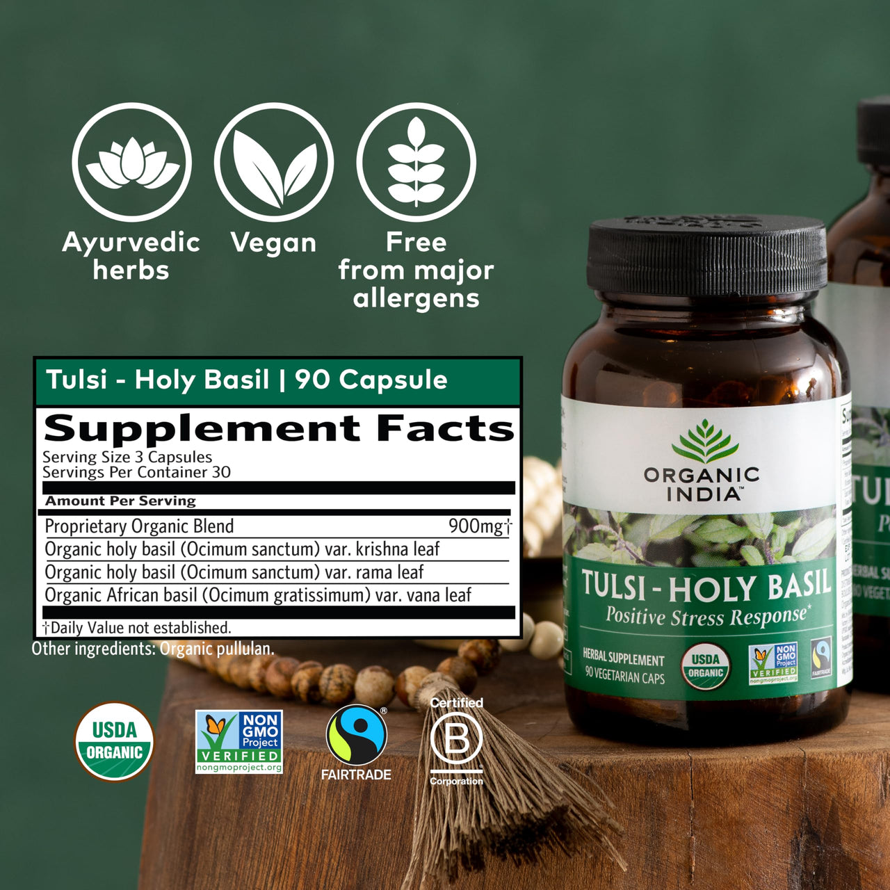 ORGANIC INDIA Tulsi Herbal Supplement - Holy Basil, Immune Support, Adaptogen, Supports Healthy Stress Response, Vegan, Gluten-Free, Kosher, USDA Certified Organic, Non-GMO - 90 Capsules
