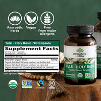 Thumbnail for ORGANIC INDIA Tulsi Herbal Supplement - Holy Basil, Immune Support, Adaptogen, Supports Healthy Stress Response, Vegan, Gluten-Free, Kosher, USDA Certified Organic, Non-GMO - 90 Capsules