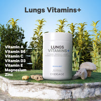 Thumbnail for Codeage Lungs Vitamins, A, C, D, E, B6, Milk Thistle Lung Supplement, Zinc & Magnesium, Cordyceps, Reishi, Chaga, Poria, Tylophora, Ginger, Peppermint Leaf Organic Herb Cleanse - Non-GMO - 90 Capsules