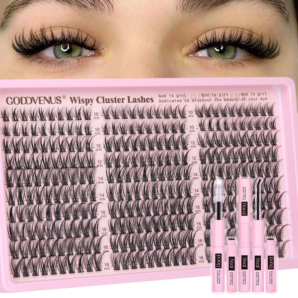 Goddvenus Lash Clusters Kit Wispy Eyelash Clusters Lashes Natural DIY Lash Extension Kit 10-16mm Cluster Eyelash Extensions Kit 300pcs C Curl Individual Lashes Cluster Eyelash (No Tweezers)