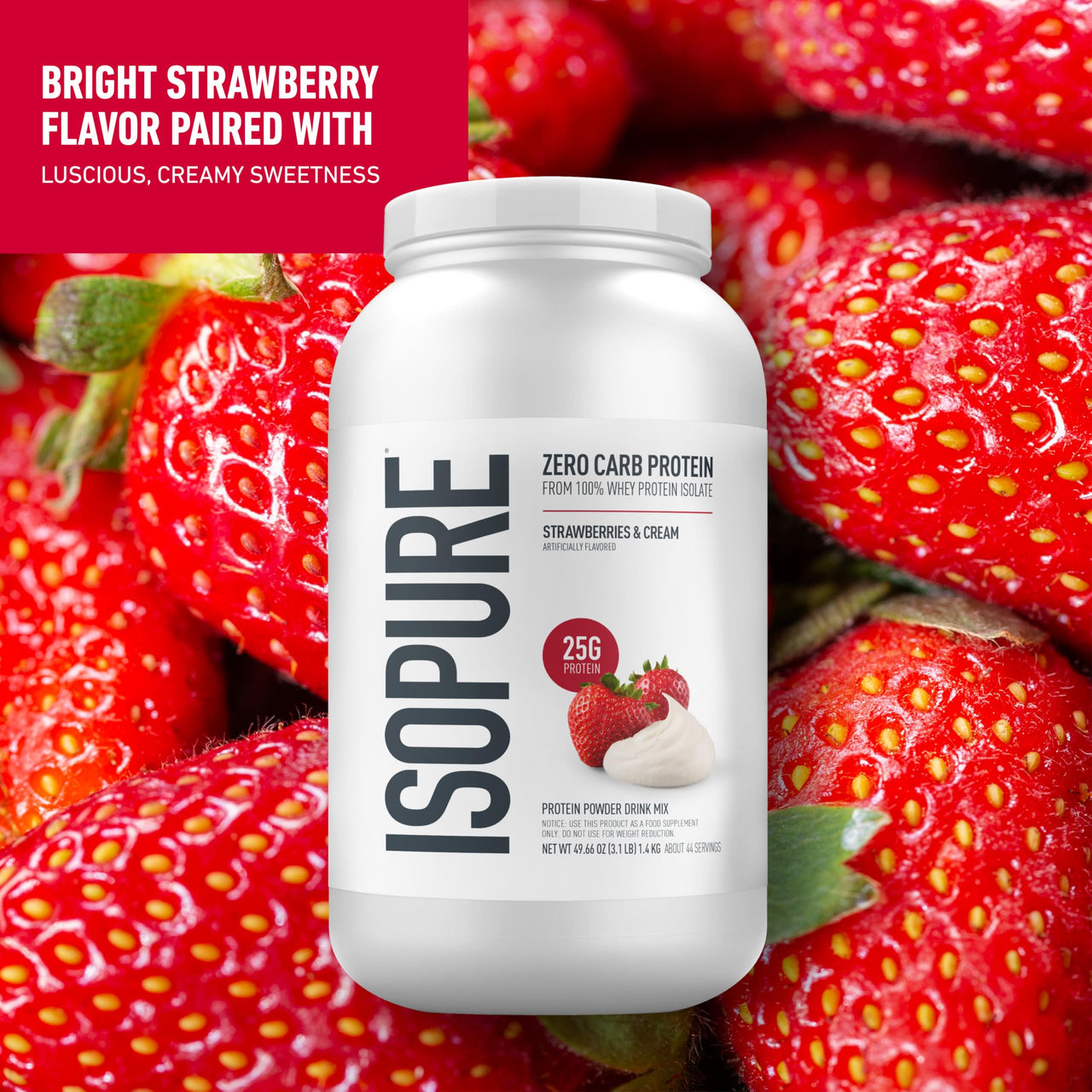 Isopure Zero Carb 100% Pure Whey Isolate Protein Powder, Gluten Free, With Vitamins, Strawberries & Cream, 25g Protein Per Serving, 3 Lbs, 44 Servings (Packaging May Vary)