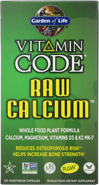 Thumbnail for Garden of Life Raw Calcium Supplement for Women and Men - Vitamin Code Made from Whole Foods with Magnesium, K2, Vitamin D3 and Vitamin C plus Probiotics for Digestion, 120 Capsules