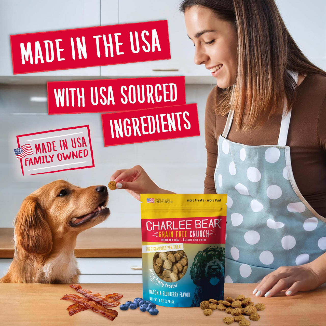 Charlee Bear Crunch Grain Free Dog Treats, Bacon and Blueberry, 8 Ounce Resealable Bag, Low Calorie Training Treats for Dogs, Limited Ingredient, Healthy, Crunchy Dog Snacks, Made in USA