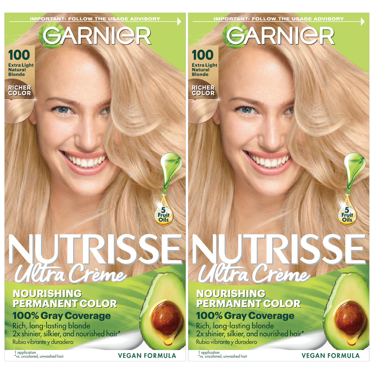 Garnier Nutrisse Ultra Crème Hair Color, Permanent Hair Dye with 100% Gray Coverage, Vegan & Cruelty-Free, 100 Extra-Light Natural Blonde (Chamomile), 2 Count