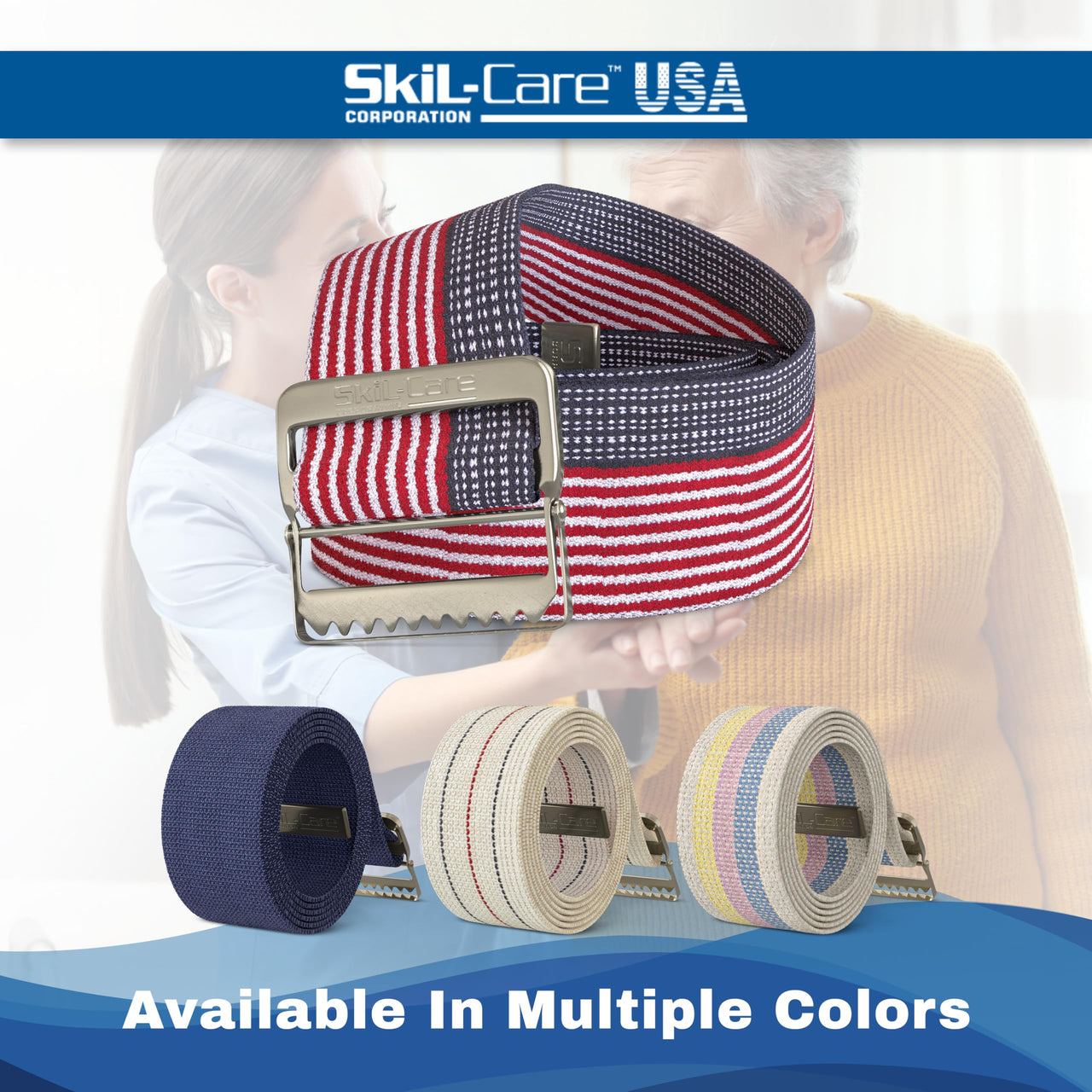 Skil-Care Cotton Gait Belt, Stars & Stripes Design, Gait Belt for Seniors, 60” L x 2” W, Secure Metal Buckle, Durable Cotton Webbing Transfer and Physical Therapy Belt, 252015