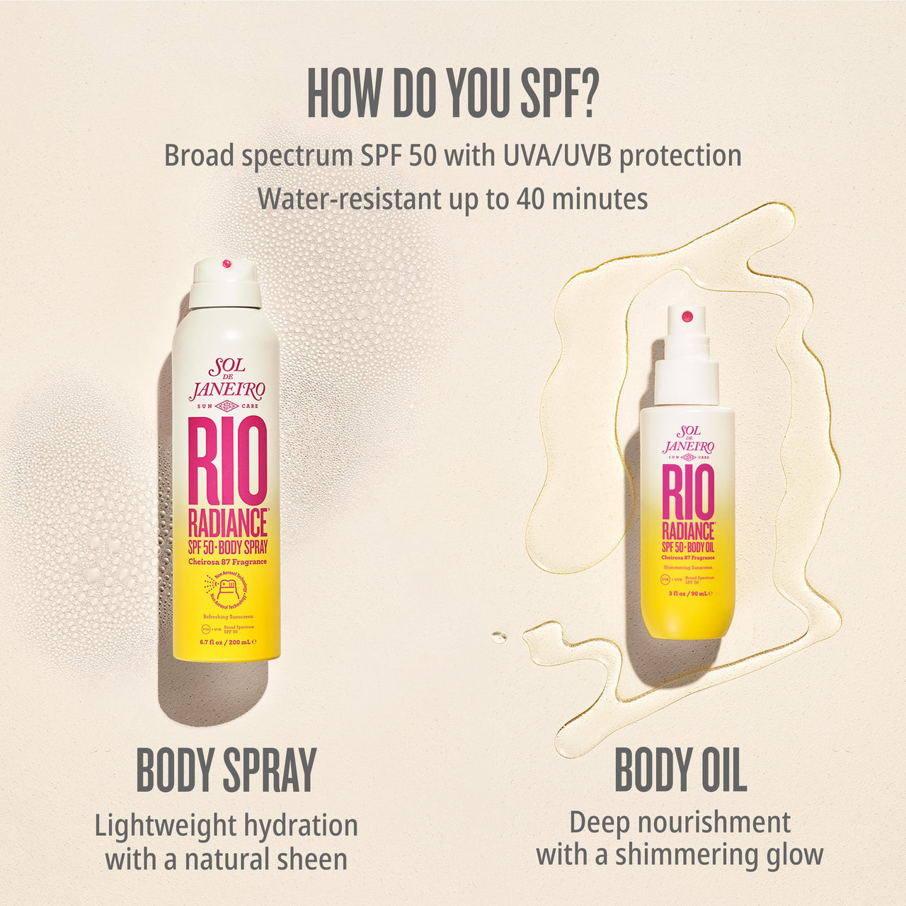 SOL DE JANEIRO Rio Radiance SPF 50 Body Spray Broad Spectrum | Spray Sunscreen for Body | Niacinamide and Antioxidants | Sheer Coverage | UV Protection | Travel Size Sunscreen | 3 fl oz