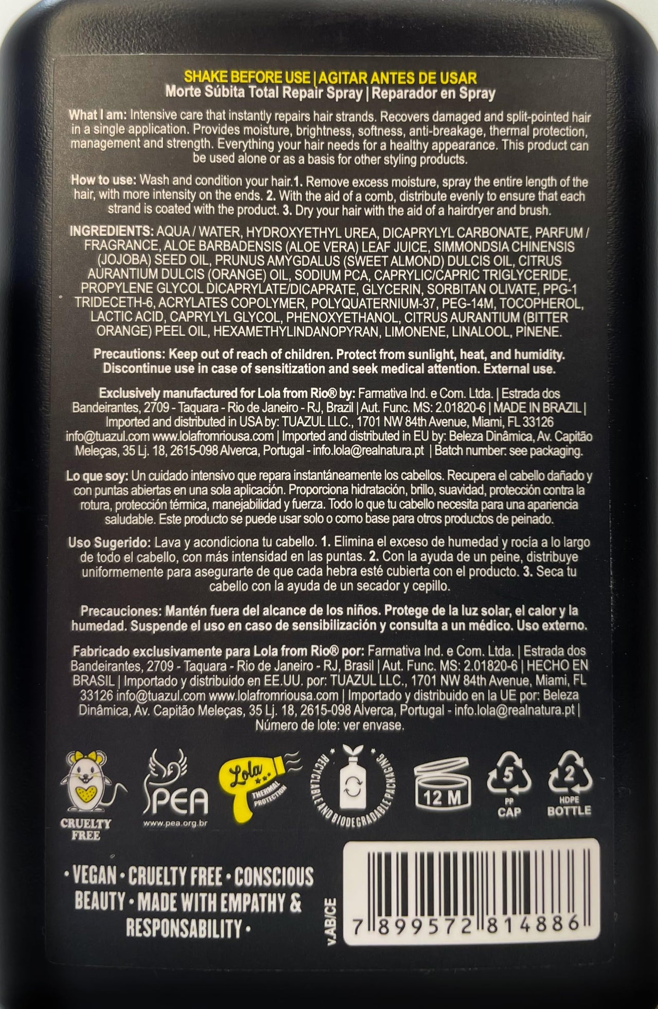 Lola From Rio Morte Súbita Total Hair Repair & Heat Protectant Spray, 8.45 fl oz