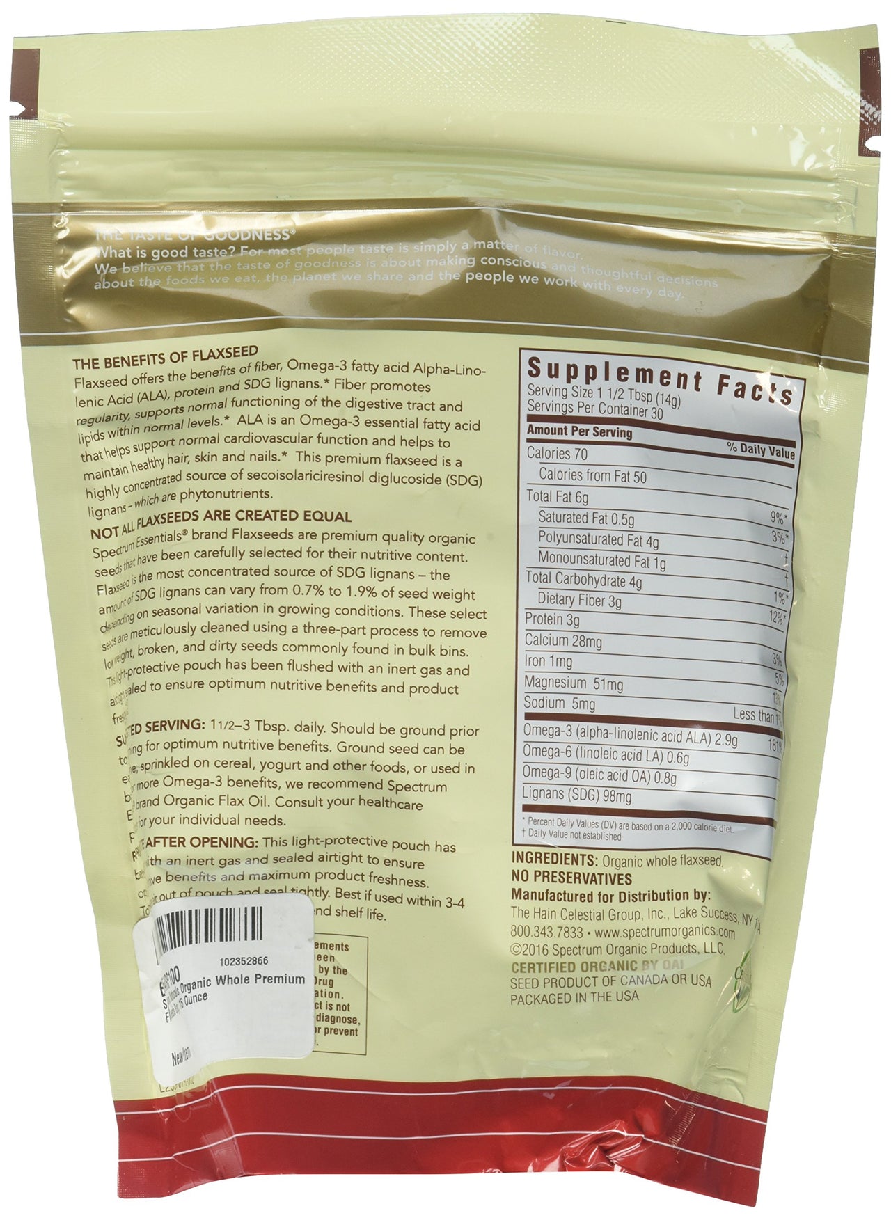 Spectrum Naturals Organic Whole Premium Flax Seeds Bag, 15 Ounce