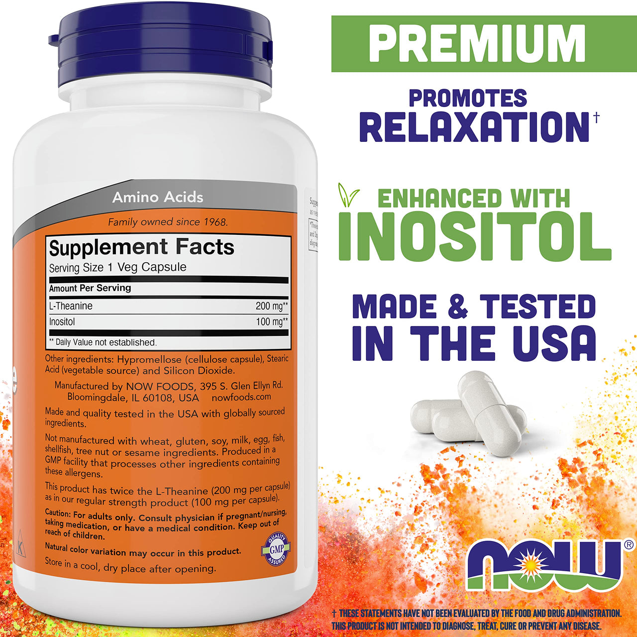 NOW Foods L-Theanine, Double Strength 200 mg Per Cap - 180 Veg Capsules (Pack of 2) (360 Total caps) - Enhanced with 100mg Inositol - Vegetarian, Non-GMO - Ltheanine 200mg Supplement